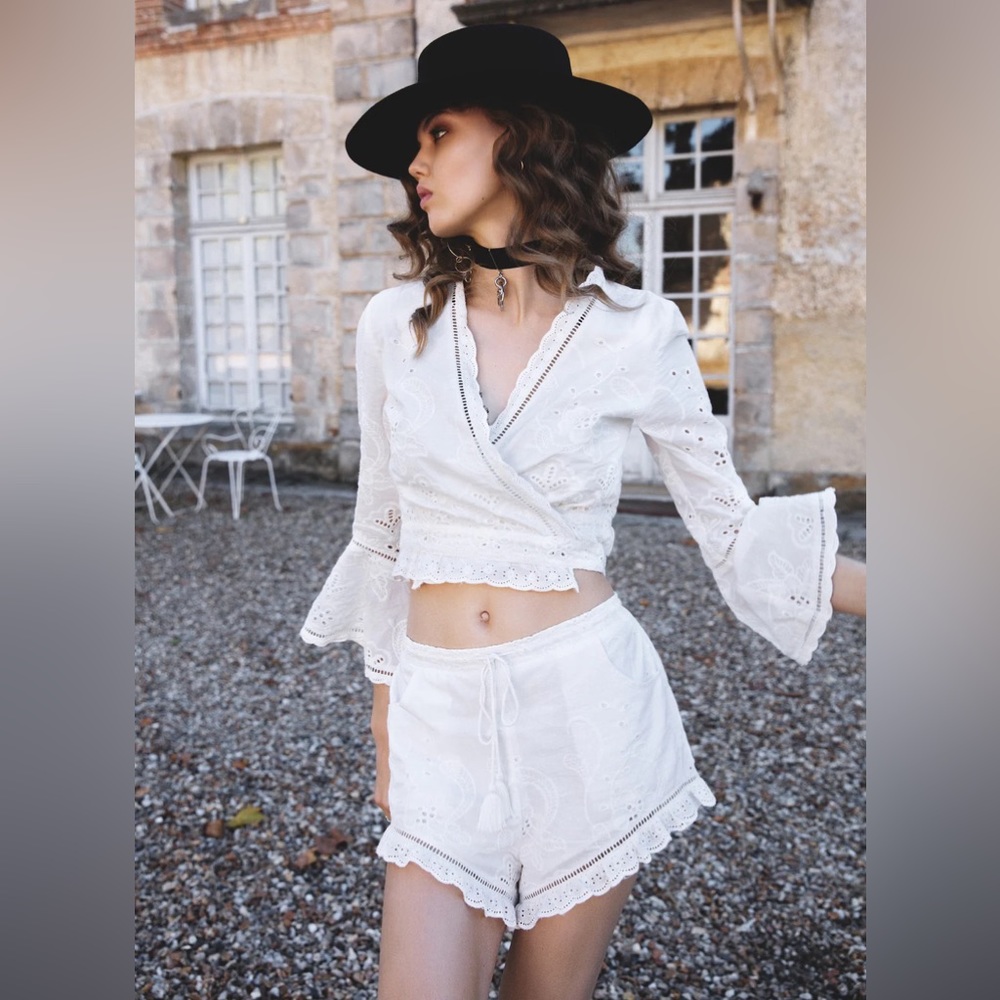 SPELL & THE GYPSY Damsel White Broderie Anglaise Long Sleeve Crop Wrap Top - Picture 7 of 16